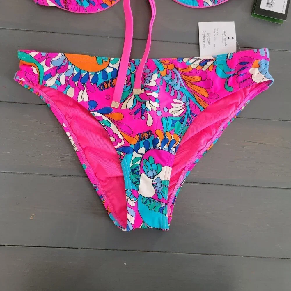 Kate Spade New York Printed Cinch Front Balconette Top Bikini Bottom Swimsuit S